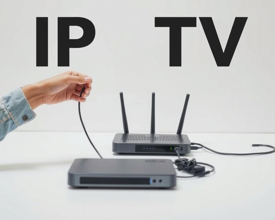 A step-by-step IPTV installation process unfolds in a minimalist, well-lit setup. In the foreground, a person's hands carefully connect cables and devices, the focus on the practical actions required. The middle ground features the main IPTV hardware components - a sleek set-top box, a modern router, and neatly organized cables. The background has a clean, neutral tone, drawing attention to the central installation steps. The lighting is soft and even, creating a sense of clarity and simplicity. The overall mood is informative and instructional, guiding the viewer through the essential IPTV setup.