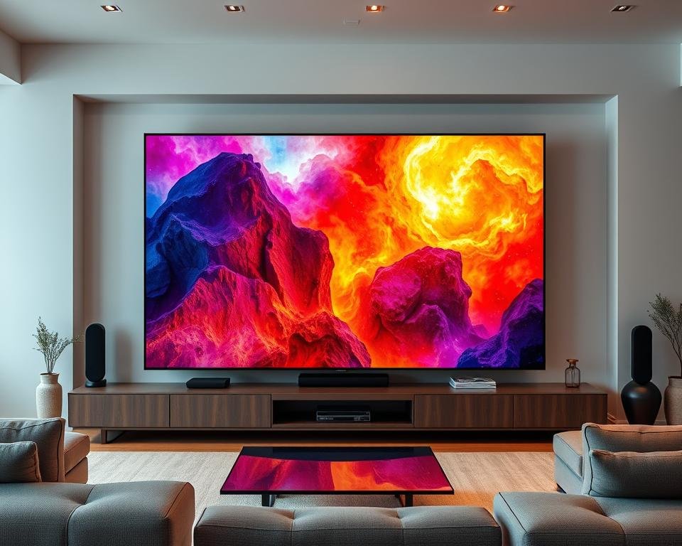 A stunning 4K ultra-high definition display showcasing vibrant, true-to-life colors and remarkable clarity. The image is captured with a high-end professional DSLR camera, using a wide-angle lens to emphasize the expansive, immersive viewing experience. Soft, diffused lighting from multiple angles creates depth and dimensionality, highlighting the superior image quality. The scene is set in a modern, minimalist living room, with the display taking center stage against a clean, uncluttered backdrop. The overall mood is one of sophistication, technology, and visual excellence, perfectly capturing the essence of "superieure beeldkwaliteit ervaring" for IPTV Nederland with 4K and HD.