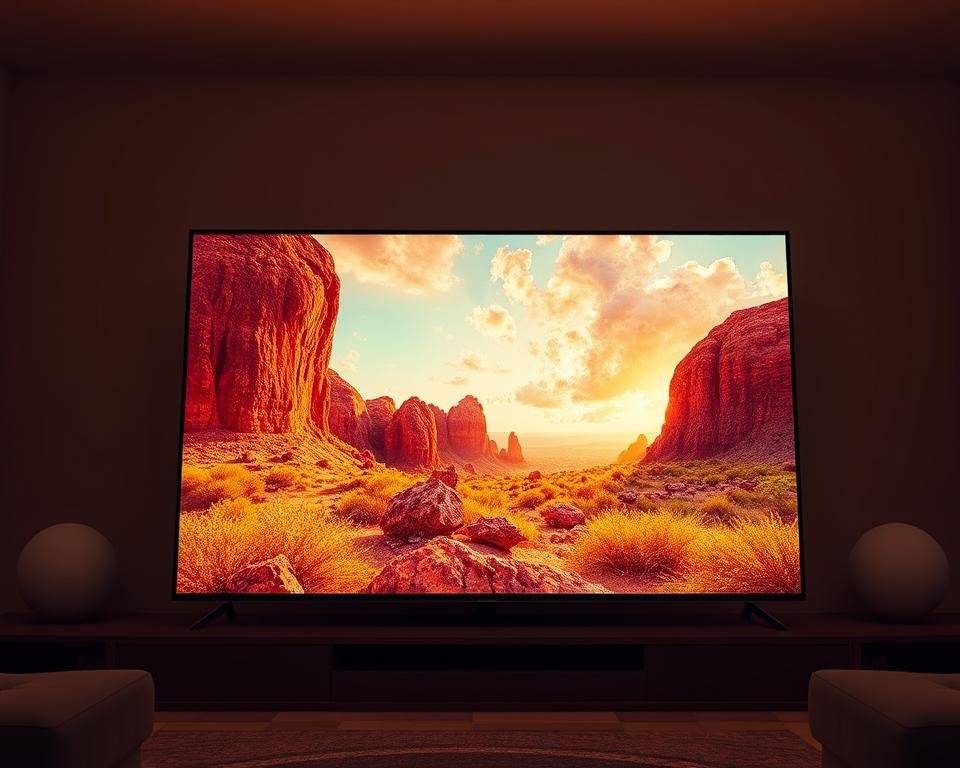 A stunning 4K ultra-high-definition streaming display, showcasing vibrant, crystal-clear imagery with exceptional dynamic range and color fidelity. The screen is bathed in warm, natural lighting, captured with a wide-angle lens to emphasize the immersive viewing experience. The sleek, minimalist interface conveys a sense of cutting-edge technology, while the overall composition highlights the superior visual quality and technical specifications that make this IPTV solution an ideal choice for smart TV viewing. The scene exudes a sense of modern, sophisticated entertainment, perfectly suited to illustrate the "Technische specificaties en kwaliteit" section of the article.