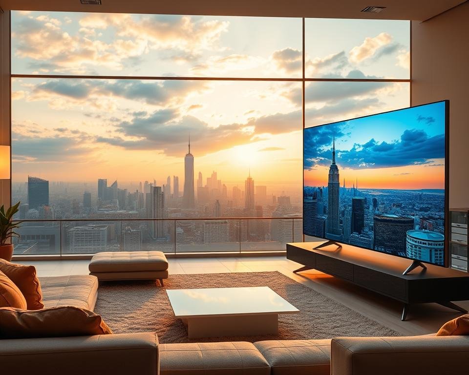 A stunning and immersive 4K landscape depicting the superior streaming quality of IPTV Nederland. In the foreground, a large ultra-high-definition television screen dominates the scene, displaying crisp, vibrant visuals with exceptional detail and clarity. The middle ground features a modern, minimalist living room setting, showcasing the seamless integration of advanced streaming technology. In the background, a panoramic cityscape with skyscrapers and a picturesque skyline conveys the idea of a connected, tech-savvy environment. Warm, natural lighting bathes the scene, creating a sense of comfort and sophistication. The overall atmosphere emanates a feeling of premium, high-quality streaming experience. A stunning and immersive 4K landscape depicting the superior streaming quality of IPTV Nederland. In the foreground, a large ultra-high-definition television screen dominates the scene, displaying crisp, vibrant visuals with exceptional detail and clarity. The middle ground features a modern, minimalist living room setting, showcasing the seamless integration of advanced streaming technology. In the background, a panoramic cityscape with skyscrapers and a picturesque skyline conveys the idea of a connected, tech-savvy environment. Warm, natural lighting bathes the scene, creating a sense of comfort and sophistication. The overall atmosphere emanates a feeling of premium, high-quality streaming experience.
