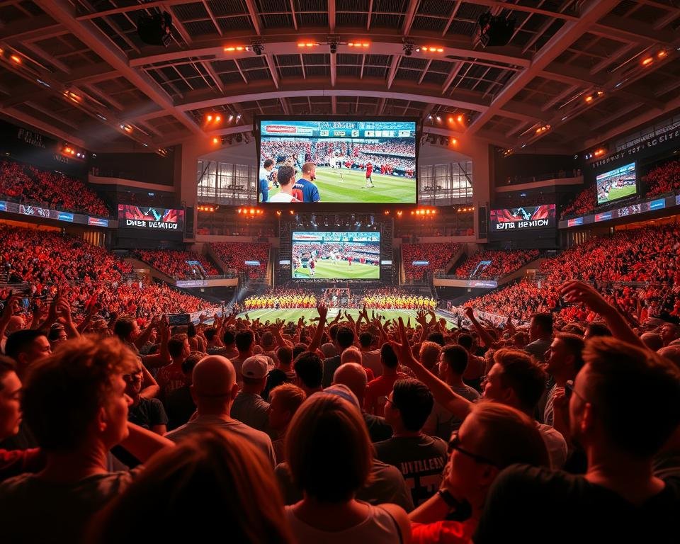 A stunning live sports streaming event, with a vibrant and immersive atmosphere. In the foreground, a crowd of excited fans cheers on their favorite teams, their expressions filled with passion and anticipation. The middle ground features a large, high-definition screen displaying the live action, capturing the intense competition with crystal-clear detail. The background showcases a modern, state-of-the-art sports venue, its sleek architecture and sophisticated lighting design creating a sense of grandeur and sophistication. The entire scene is bathed in a warm, natural lighting that enhances the vivid colors and sharp contrasts, conveying the energy and excitement of the live event. The overall mood is one of high-intensity entertainment, drawing the viewer into the heart of the action. A stunning live sports streaming event, with a vibrant and immersive atmosphere. In the foreground, a crowd of excited fans cheers on their favorite teams, their expressions filled with passion and anticipation. The middle ground features a large, high-definition screen displaying the live action, capturing the intense competition with crystal-clear detail. The background showcases a modern, state-of-the-art sports venue, its sleek architecture and sophisticated lighting design creating a sense of grandeur and sophistication. The entire scene is bathed in a warm, natural lighting that enhances the vivid colors and sharp contrasts, conveying the energy and excitement of the live event. The overall mood is one of high-intensity entertainment, drawing the viewer into the heart of the action.