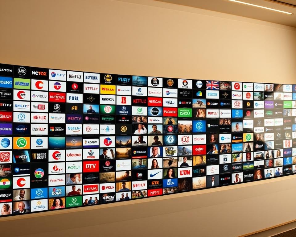 A sweeping panoramic view of a diverse array of international IPTV channels, each with its own distinct visual identity. The foreground features a vibrant mosaic of logos, icons, and program guides from a wide range of global broadcasters, spanning news, entertainment, sports, and cultural content. The middle ground showcases a dynamic grid of high-definition video thumbnails, offering a glimpse into the diverse programming available. In the background, a sleek, minimalist interface with clean lines and a subdued color palette, suggesting a modern, user-friendly IPTV platform. The scene is bathed in a warm, cinematic lighting that enhances the sense of quality and reliability, capturing the essence of a premium IPTV service catering to discerning viewers.