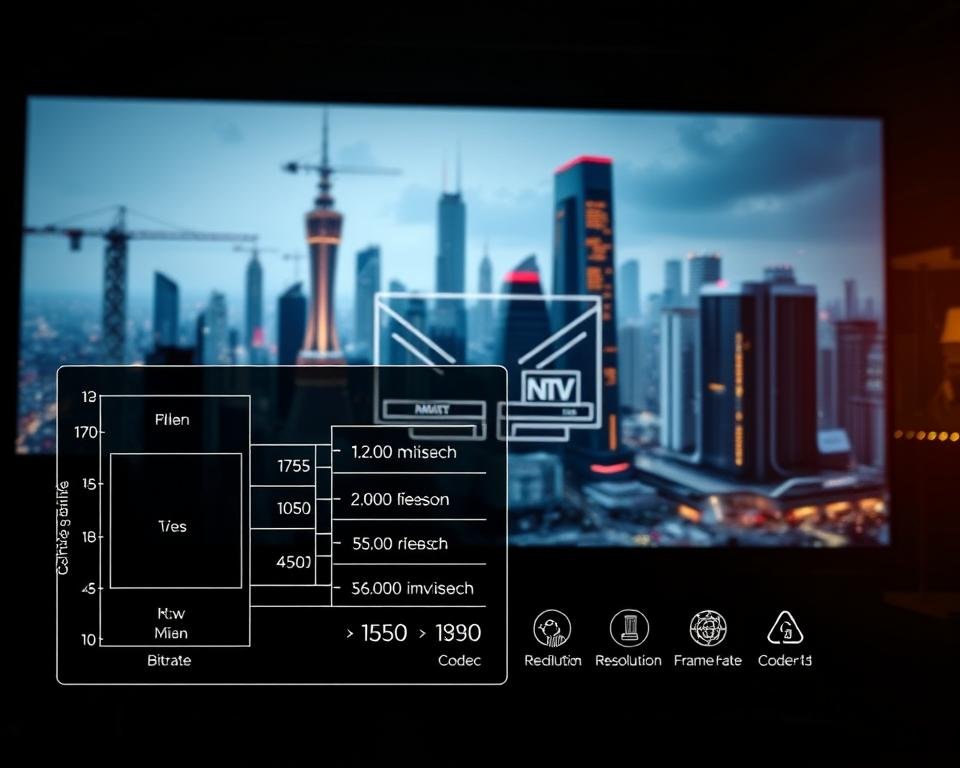 A technical diagram showcasing the intricate specifications of high-quality video streaming. In the foreground, a detailed schematic displays various parameters such as bitrate, resolution, frame rate, and codec, rendered in a sleek, minimalist style. The middle ground features a stylized illustration of a streaming service interface, with clean typography and iconic graphics. The background depicts a futuristic cityscape, with towering skyscrapers and glowing technological infrastructure, hinting at the advanced infrastructure required to deliver seamless, high-definition content. The overall mood is one of precision, innovation, and the cutting edge of digital media delivery.
