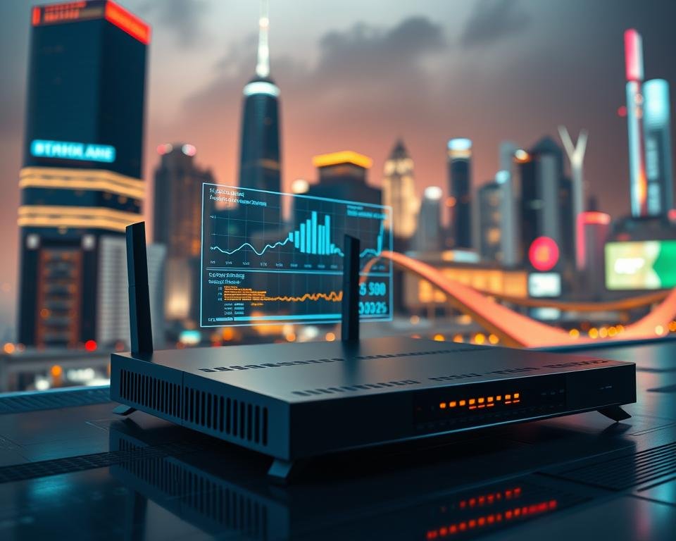 A technologically-advanced visualization of the technical requirements and internet speed needed for IPTV streaming. In the foreground, a sleek router with glowing indicator lights, symbolizing the network infrastructure. In the middle ground, data visualizations and graphs showcasing internet bandwidth and latency measurements. In the background, a cityscape with towering skyscrapers and a vibrant, futuristic atmosphere, alluding to the digital landscape. The scene is captured with a cinematic, wide-angle lens, using dramatic lighting and depth-of-field to create a sense of scale and technological sophistication. The overall mood is one of precision, efficiency, and the seamless integration of technology into modern life. A technologically-advanced visualization of the technical requirements and internet speed needed for IPTV streaming. In the foreground, a sleek router with glowing indicator lights, symbolizing the network infrastructure. In the middle ground, data visualizations and graphs showcasing internet bandwidth and latency measurements. In the background, a cityscape with towering skyscrapers and a vibrant, futuristic atmosphere, alluding to the digital landscape. The scene is captured with a cinematic, wide-angle lens, using dramatic lighting and depth-of-field to create a sense of scale and technological sophistication. The overall mood is one of precision, efficiency, and the seamless integration of technology into modern life.