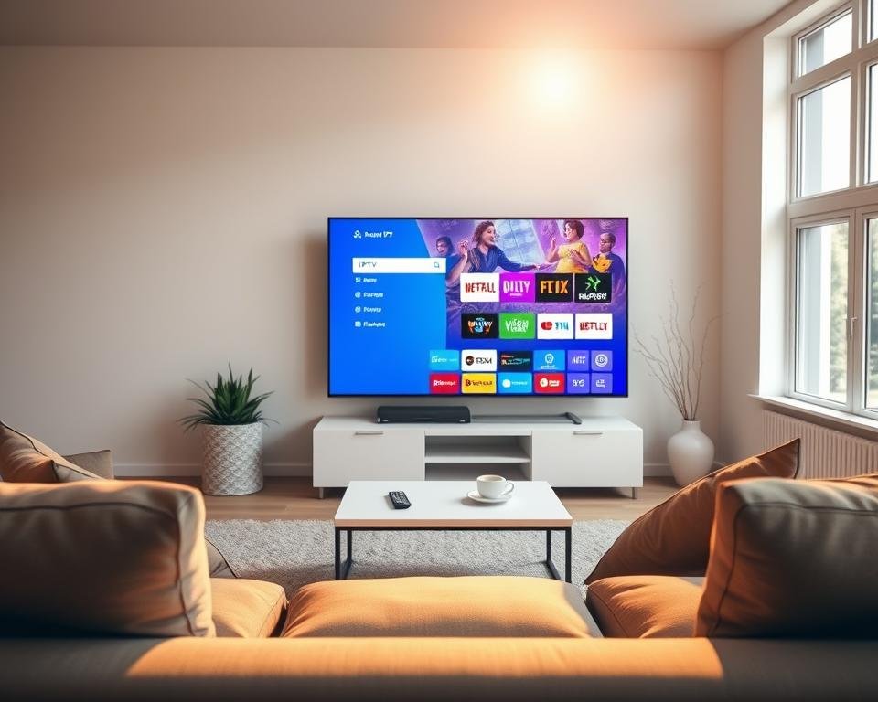 A tranquil living room scene, filled with the warm glow of natural light. The focal point is a sleek, modern television displaying a vibrant IPTV interface, showcasing the benefits of this technology - seamless streaming, extensive content, and reliable performance. In the foreground, a comfortable sofa invites viewers to relax and immerse themselves in the entertainment. The middle ground features a minimalist coffee table, with a remote control and a cup of coffee, suggesting the ease of use and convenience of IPTV. The background subtly hints at the wider home environment, with simple decor and large windows that allow the sunlight to flood the space, creating a sense of openness and serenity. The overall mood is one of contentment, highlighting the advantages of IPTV in the Netherlands - a modern, efficient, and enjoyable viewing experience.
