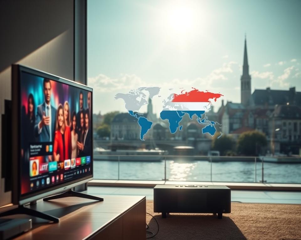A tranquil, sunlit scene depicting the global reach of Dutch television. In the foreground, a modern TV screen displays lively programming, its screen glowing with vibrant colors. The middle ground features a stylized world map, with the Netherlands prominently highlighted, symbolizing the international accessibility of Dutch media. In the background, a serene cityscape with iconic Dutch architecture frames the composition, conveying a sense of cultural heritage and technological progress. The lighting is soft and natural, evoking a warm, inviting atmosphere. The overall scene communicates the seamless integration of Dutch television into the global media landscape, making it an ideal solution for expats seeking a connection to their homeland. A tranquil, sunlit scene depicting the global reach of Dutch television. In the foreground, a modern TV screen displays lively programming, its screen glowing with vibrant colors. The middle ground features a stylized world map, with the Netherlands prominently highlighted, symbolizing the international accessibility of Dutch media. In the background, a serene cityscape with iconic Dutch architecture frames the composition, conveying a sense of cultural heritage and technological progress. The lighting is soft and natural, evoking a warm, inviting atmosphere. The overall scene communicates the seamless integration of Dutch television into the global media landscape, making it an ideal solution for expats seeking a connection to their homeland.