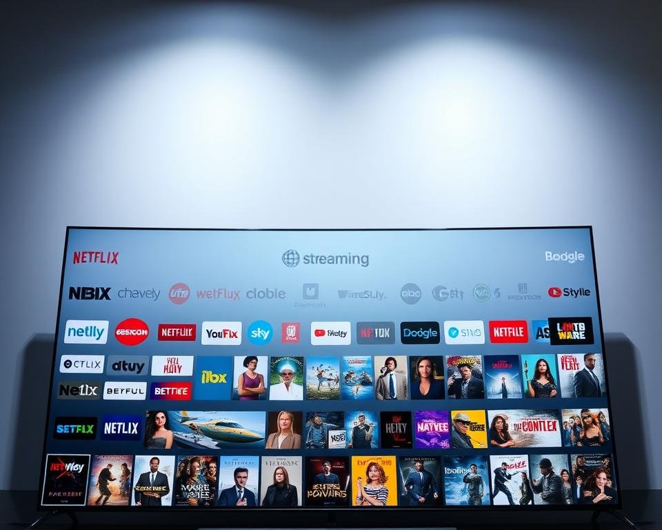 A vast and diverse television offering, presented in a sleek and modern display. In the foreground, an array of streaming service logos and channel icons, arranged in a visually appealing grid layout. The middle ground showcases a selection of popular TV shows and movies, their vibrant cover art hinting at the breadth of content available. In the background, a soft, gradient-infused backdrop sets the stage, conveying a sense of technological sophistication and entertainment abundance. Dramatic lighting casts subtle shadows, adding depth and dimensionality to the scene. The overall composition exudes a sense of choice, convenience, and the promise of endless entertainment possibilities. A vast and diverse television offering, presented in a sleek and modern display. In the foreground, an array of streaming service logos and channel icons, arranged in a visually appealing grid layout. The middle ground showcases a selection of popular TV shows and movies, their vibrant cover art hinting at the breadth of content available. In the background, a soft, gradient-infused backdrop sets the stage, conveying a sense of technological sophistication and entertainment abundance. Dramatic lighting casts subtle shadows, adding depth and dimensionality to the scene. The overall composition exudes a sense of choice, convenience, and the promise of endless entertainment possibilities.