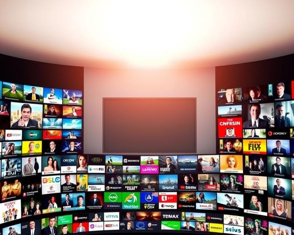 A vast array of television channels displayed in a sleek, modern interface. The foreground showcases the diverse selection of content, from news and entertainment to sports and movies, each channel represented by a vibrant, high-definition thumbnail. The middle ground features a clean, minimalist design, with a subtle gradient backdrop that evokes a sense of depth and professionalism. The overall mood is one of abundance and accessibility, conveying the breadth and quality of the IPTV offering. Soft, directional lighting illuminates the scene, creating a warm and inviting atmosphere. The composition is well-balanced, drawing the viewer's eye to the captivating visuals and hinting at the seamless viewing experience.