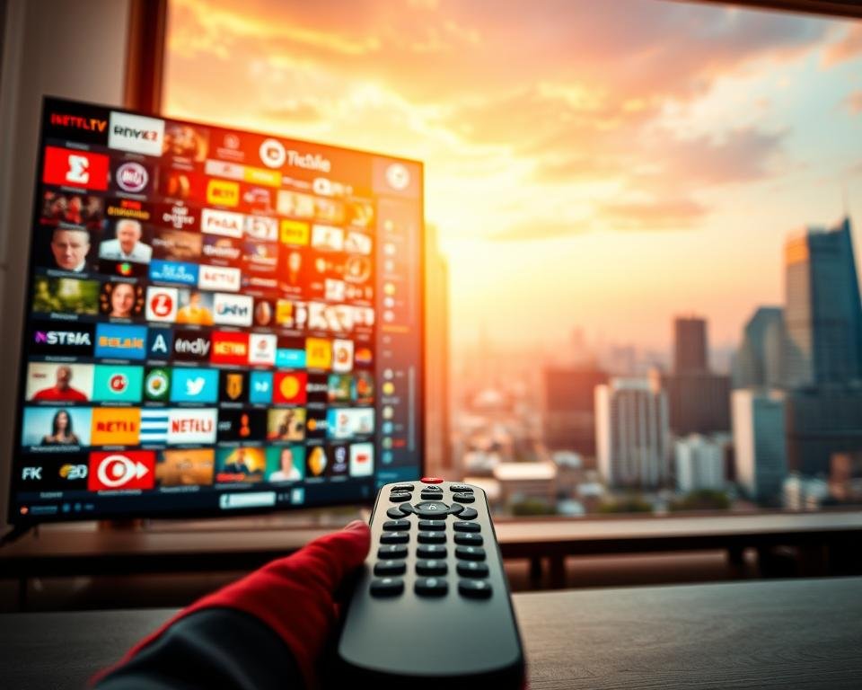 A vast array of television channels from around the world, accessible through a sleek and intuitive IPTV interface. The foreground features a modern smart TV screen displaying a diverse selection of international programming. The middle ground showcases a futuristic remote control, symbolizing the convenience of navigating this expansive content library. The background depicts a cityscape skyline, hinting at the global reach and cosmopolitan nature of this IPTV offering. The scene is bathed in a warm, vibrant glow, conveying a sense of technological advancement and entertainment possibilities. Intricate details, sharp focus, and a cinematic composition capture the allure of this cutting-edge IPTV experience.