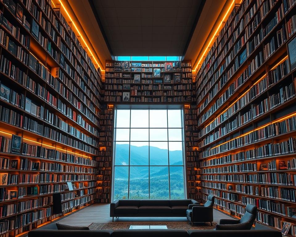 A vast, immersive digital library with towering shelves filled with an endless variety of content - movies, shows, documentaries, and more. Warm, ambient lighting illuminates the meticulously curated selection, inviting viewers to explore and discover new worlds. In the foreground, a comfortable seating area allows for leisurely browsing, while the background features a panoramic window overlooking a serene, natural landscape, creating a sense of tranquility and escape. The overall mood is one of sophistication, coziness, and the promise of endless entertainment and enlightenment. A vast, immersive digital library with towering shelves filled with an endless variety of content - movies, shows, documentaries, and more. Warm, ambient lighting illuminates the meticulously curated selection, inviting viewers to explore and discover new worlds. In the foreground, a comfortable seating area allows for leisurely browsing, while the background features a panoramic window overlooking a serene, natural landscape, creating a sense of tranquility and escape. The overall mood is one of sophistication, coziness, and the promise of endless entertainment and enlightenment.