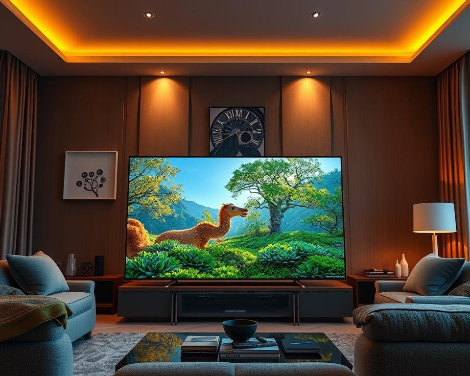 A vibrant 4K display showcases stunning HDR visuals, with dynamic lighting and crisp, lifelike details. A sleek, modern television stands prominently in the foreground, its screen displaying a captivating nature scene in ultra-high definition. In the background, a cozy living room setting provides a comfortable and immersive viewing experience, with plush furnishings and warm, ambient lighting. The overall atmosphere conveys a sense of cinematic quality and technological sophistication, perfectly capturing the essence of "Kijkervaring in 4K en HD Kwaliteit".