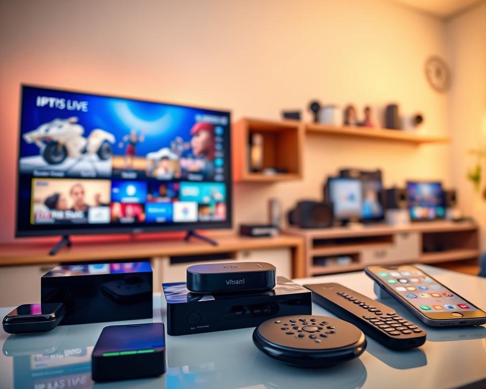 A vibrant IPTV setup showcasing its key advantages. In the foreground, a sleek smart TV displays crystal-clear live channels, highlighting the superior video quality. The middle ground features various streaming devices, signifying the flexibility and accessibility of IPTV. In the background, a array of connected devices, from smartphones to tablets, exemplifies the broad compatibility and seamless integration. The scene is bathed in a warm, inviting lighting, conveying the convenience and user-friendly nature of this modern television experience. The overall atmosphere exudes a sense of technological advancement and entertainment empowerment.