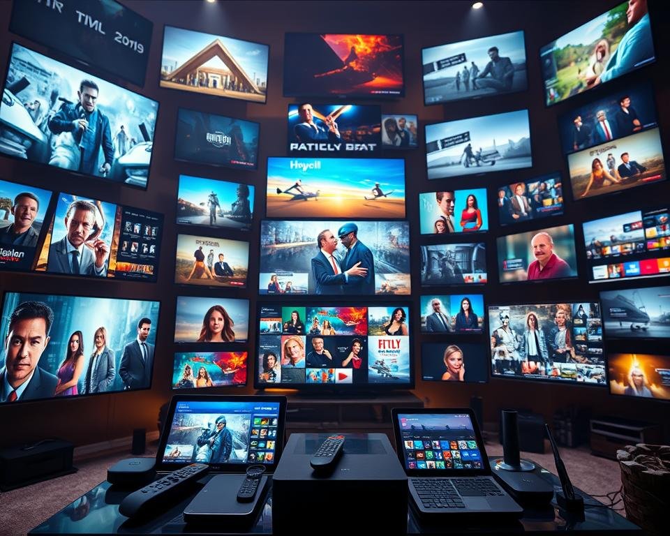 A vibrant and cinematic scene showcasing a diverse array of digital entertainment options. In the foreground, a collection of sleek, modern television screens display various genres of films, TV series, and live broadcasts. The middle ground features an array of remote controls, tablets, and streaming devices, suggesting the seamless integration of content delivery platforms. The background is filled with a soft, diffused lighting, creating a warm and inviting atmosphere. The overall composition conveys a sense of abundance, convenience, and the ever-expanding world of IPTV content available to the modern viewer. A vibrant and cinematic scene showcasing a diverse array of digital entertainment options. In the foreground, a collection of sleek, modern television screens display various genres of films, TV series, and live broadcasts. The middle ground features an array of remote controls, tablets, and streaming devices, suggesting the seamless integration of content delivery platforms. The background is filled with a soft, diffused lighting, creating a warm and inviting atmosphere. The overall composition conveys a sense of abundance, convenience, and the ever-expanding world of IPTV content available to the modern viewer.