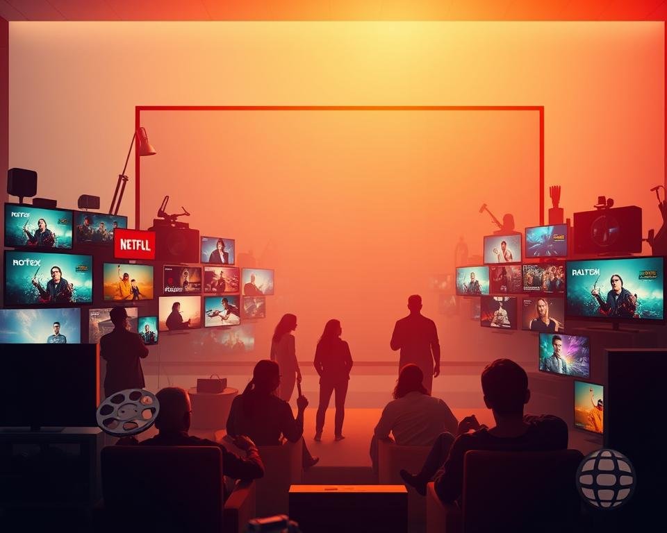 A vibrant and dynamic composition showcasing the expansive content offering of a modern IPTV service. In the foreground, a diverse array of entertainment icons - television sets, movie reels, and digital streaming platforms - symbolize the breadth of available channels, films, and series. The middle ground features silhouettes of people leisurely enjoying this content, creating a sense of engagement and immersion. The background is dominated by a sleek, minimalist interface, hinting at the intuitive user experience. Warm, diffused lighting casts a welcoming glow, while a shallow depth of field draws the viewer's focus to the central elements. The overall aesthetic conveys a sense of accessibility, quality, and the thrill of endless entertainment options at one's fingertips.