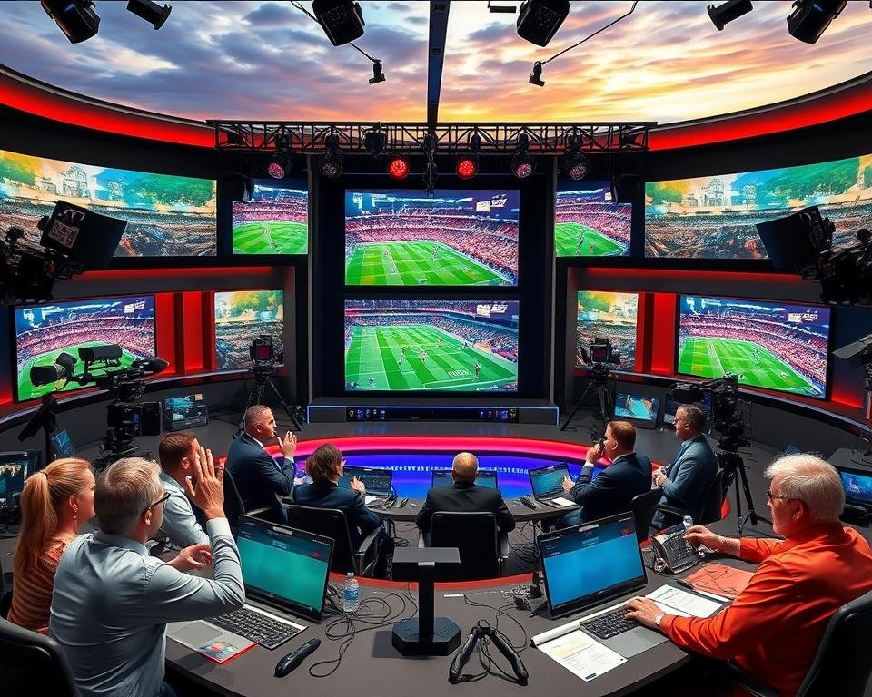 A vibrant and dynamic sports broadcast studio, with a large central screen displaying a live sporting event. The foreground features a team of energetic sports commentators discussing the action, gesturing animatedly as they provide expert analysis. The middle ground showcases the state-of-the-art broadcast equipment, including cameras, lighting rigs, and mixing consoles, all operating in perfect harmony. The background depicts a visually striking scenic backdrop, perhaps a cityscape or a grand sports arena, hinting at the global reach and immersive nature of the live streaming experience. The overall mood is one of excitement, professionalism, and the thrill of witnessing sports events in real-time. A vibrant and dynamic sports broadcast studio, with a large central screen displaying a live sporting event. The foreground features a team of energetic sports commentators discussing the action, gesturing animatedly as they provide expert analysis. The middle ground showcases the state-of-the-art broadcast equipment, including cameras, lighting rigs, and mixing consoles, all operating in perfect harmony. The background depicts a visually striking scenic backdrop, perhaps a cityscape or a grand sports arena, hinting at the global reach and immersive nature of the live streaming experience. The overall mood is one of excitement, professionalism, and the thrill of witnessing sports events in real-time.