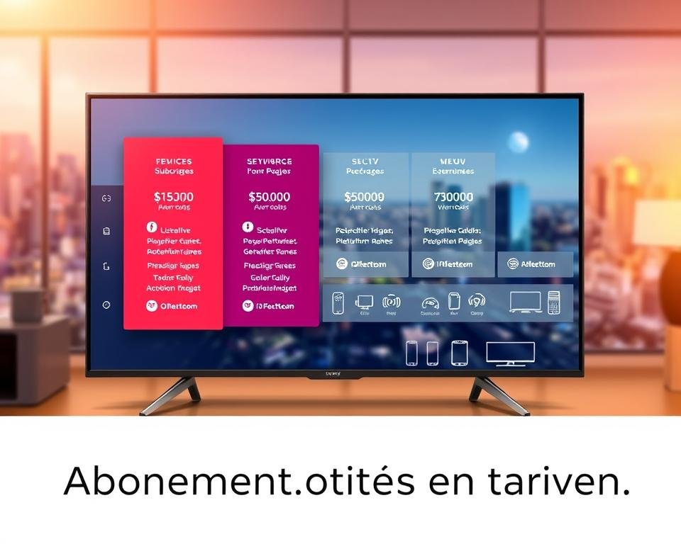A vibrant and informative illustration of various subscription options for a television service. The foreground depicts a sleek, modern television set showcasing different pricing tiers and feature packages, rendered in a clean, minimalist style with clear icons and labels. The middle ground features an array of remote controls, smartphones, and other devices, representing the diverse platforms and devices supported by the service. The background has a soft, blurred cityscape, evoking a sense of connectivity and the digital landscape. The lighting is warm and inviting, creating a premium and professional aesthetic. The overall composition emphasizes the breadth of subscription choices and the flexibility of the television service, reflecting the section title "Abonnementsopties en tarieven".