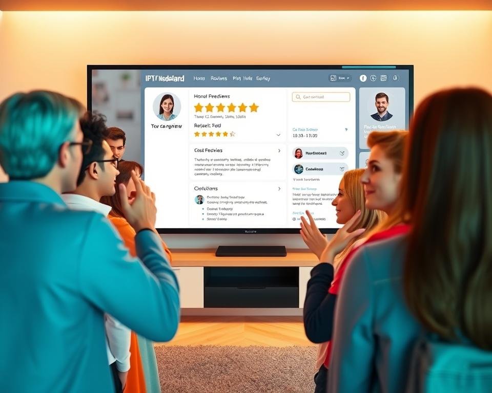 A vibrant and informative image showcasing the importance of customer reviews for IPTV Nederland. In the foreground, a group of diverse customers expressing their opinions and experiences through animated gestures and facial expressions, conveying the value of honest feedback. The middle ground features a stylized review platform with star ratings, comment sections, and user avatars, highlighting the real-world impact of these reviews. In the background, a sleek and modern IPTV service interface, emphasizing the connection between customer satisfaction and the quality of the provided service. Warm lighting and a clean, minimalist aesthetic create a professional and trustworthy atmosphere, underscoring the credibility and transparency of the IPTV Nederland customer review process. A vibrant and informative image showcasing the importance of customer reviews for IPTV Nederland. In the foreground, a group of diverse customers expressing their opinions and experiences through animated gestures and facial expressions, conveying the value of honest feedback. The middle ground features a stylized review platform with star ratings, comment sections, and user avatars, highlighting the real-world impact of these reviews. In the background, a sleek and modern IPTV service interface, emphasizing the connection between customer satisfaction and the quality of the provided service. Warm lighting and a clean, minimalist aesthetic create a professional and trustworthy atmosphere, underscoring the credibility and transparency of the IPTV Nederland customer review process.