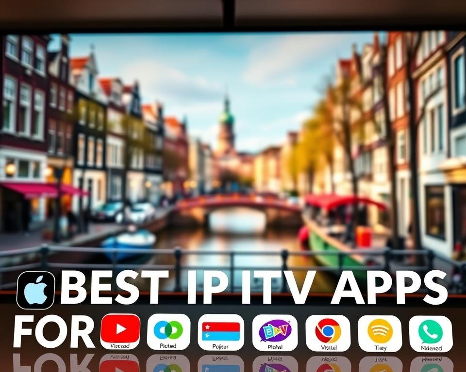 A vibrant and modern digital display showcasing the best IPTV apps for Dutch users. The foreground features a row of sleek, minimalist app icons arranged neatly, with clean typography highlighting their names. In the middle ground, a soft-focus backdrop depicts a cityscape of Amsterdam, its iconic canal houses and bridges providing a distinctive Dutch ambiance. The lighting is warm and inviting, creating a sense of comfort and accessibility. The overall composition conveys a polished, user-friendly interface that caters to the needs of the local audience, reflecting the reliability and quality of the IPTV services discussed in the article.