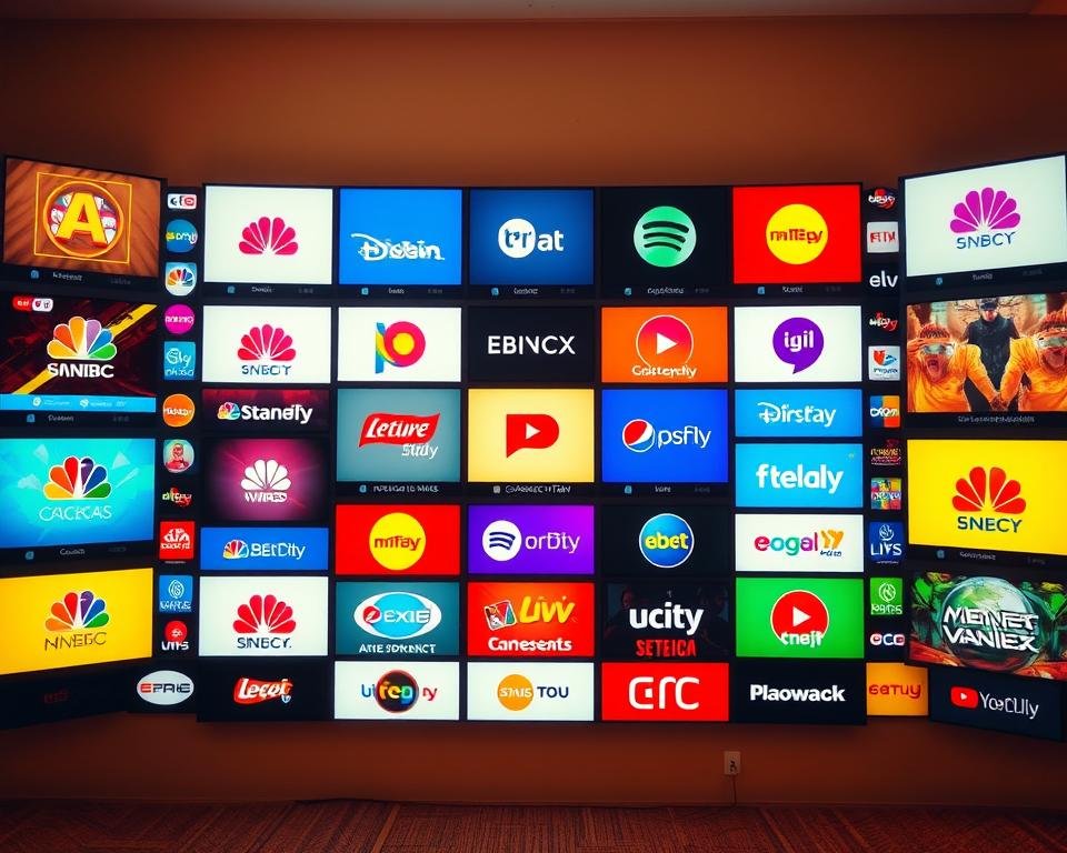 A vibrant and visually captivating lineup of various television channels, presented in a clean and organized manner. The channels are displayed in a grid-like arrangement, with each tile showcasing the channel's logo and distinctive branding, creating a cohesive and visually appealing layout. The image is captured under warm, soft lighting, creating a welcoming and inviting atmosphere. The overall composition is balanced and symmetrical, with a sense of depth and perspective that draws the viewer's eye towards the center of the display. The background is a muted, neutral tone that allows the channel logos to stand out and capture the attention of the viewer.