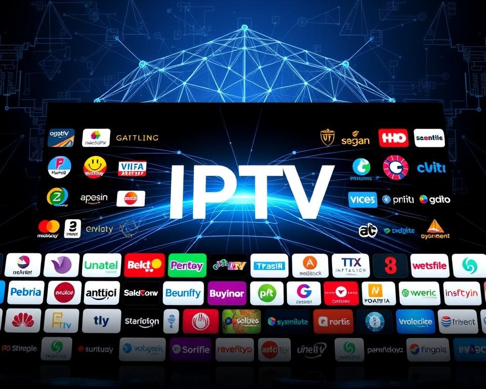 A vibrant array of IPTV service logos displayed against a backdrop of stylized network diagrams and connectivity graphics. The foreground showcases a variety of distinctive provider icons, each with a unique visual identity, arranged in a visually striking composition. The middle ground features a sleek, data-driven visualization of IPTV infrastructure, with dynamic lines and nodes representing the intricate web of streaming services. The background subtly hints at the broader digital landscape, with subtle patterns and textures evoking the technological underpinnings of the IPTV ecosystem. The overall impression conveys a sense of diversity, innovation, and the interconnected nature of the IPTV market in the Netherlands. A vibrant array of IPTV service logos displayed against a backdrop of stylized network diagrams and connectivity graphics. The foreground showcases a variety of distinctive provider icons, each with a unique visual identity, arranged in a visually striking composition. The middle ground features a sleek, data-driven visualization of IPTV infrastructure, with dynamic lines and nodes representing the intricate web of streaming services. The background subtly hints at the broader digital landscape, with subtle patterns and textures evoking the technological underpinnings of the IPTV ecosystem. The overall impression conveys a sense of diversity, innovation, and the interconnected nature of the IPTV market in the Netherlands.