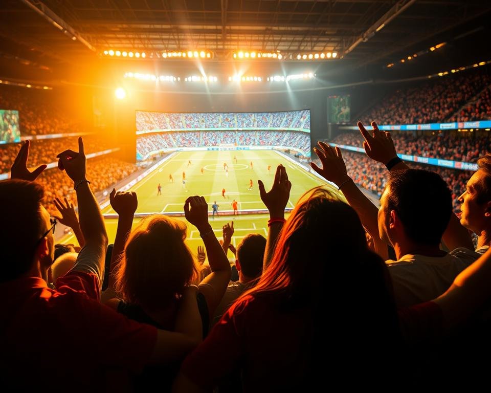 A vibrant, cinematic scene of the ultimate live football experience. In the foreground, a group of passionate fans erupt in joyous celebration, their faces aglow with exhilaration as they watch the match unfold on a massive, crystal-clear IPTV screen. The middle ground features the players on the pitch, their movements captured in a dynamic, high-definition blur, conveying the intensity and athleticism of the game. In the background, the stadium setting is bathed in warm, golden light, creating a sense of energy and atmosphere. The composition is framed with a wide, cinematic aspect ratio, immersing the viewer in the electric excitement of a live football match streamed in superior quality through IPTV Nederland. A vibrant, cinematic scene of the ultimate live football experience. In the foreground, a group of passionate fans erupt in joyous celebration, their faces aglow with exhilaration as they watch the match unfold on a massive, crystal-clear IPTV screen. The middle ground features the players on the pitch, their movements captured in a dynamic, high-definition blur, conveying the intensity and athleticism of the game. In the background, the stadium setting is bathed in warm, golden light, creating a sense of energy and atmosphere. The composition is framed with a wide, cinematic aspect ratio, immersing the viewer in the electric excitement of a live football match streamed in superior quality through IPTV Nederland.