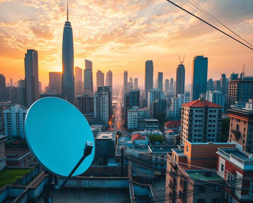A vibrant cityscape with towering skyscrapers and bustling streets, illuminated by the warm glow of sunset. In the foreground, a satellite dish mounted on a residential rooftop, symbolizing the connection between Asian and European markets. The middle ground features a network of cables and wires, weaving through the urban landscape, representing the intricate IPTV infrastructure. The background showcases a blend of architectural styles, blending modern European and traditional Asian elements. The scene is captured with a cinematic, wide-angle lens, creating a sense of depth and grandeur. The overall mood is one of technological progress, global interconnectivity, and the synergy between diverse markets. A vibrant cityscape with towering skyscrapers and bustling streets, illuminated by the warm glow of sunset. In the foreground, a satellite dish mounted on a residential rooftop, symbolizing the connection between Asian and European markets. The middle ground features a network of cables and wires, weaving through the urban landscape, representing the intricate IPTV infrastructure. The background showcases a blend of architectural styles, blending modern European and traditional Asian elements. The scene is captured with a cinematic, wide-angle lens, creating a sense of depth and grandeur. The overall mood is one of technological progress, global interconnectivity, and the synergy between diverse markets.