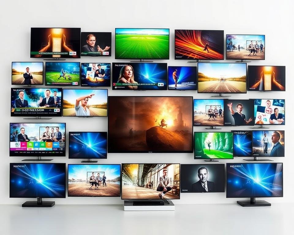 A vibrant collage of television screens showcasing a diverse array of channel offerings, presented in a modern, minimalist layout. The screens display a range of content, from news and sports to entertainment and lifestyle programming, reflecting the comprehensive content offering of the IPTV service. The background is a clean, white space, allowing the screens to take center stage and highlighting the visual appeal of the service's zenderpakketten (channel packages). The image conveys a sense of sophistication and technological advancement, inviting the viewer to explore the breadth and quality of the IPTV content available. A vibrant collage of television screens showcasing a diverse array of channel offerings, presented in a modern, minimalist layout. The screens display a range of content, from news and sports to entertainment and lifestyle programming, reflecting the comprehensive content offering of the IPTV service. The background is a clean, white space, allowing the screens to take center stage and highlighting the visual appeal of the service's zenderpakketten (channel packages). The image conveys a sense of sophistication and technological advancement, inviting the viewer to explore the breadth and quality of the IPTV content available.