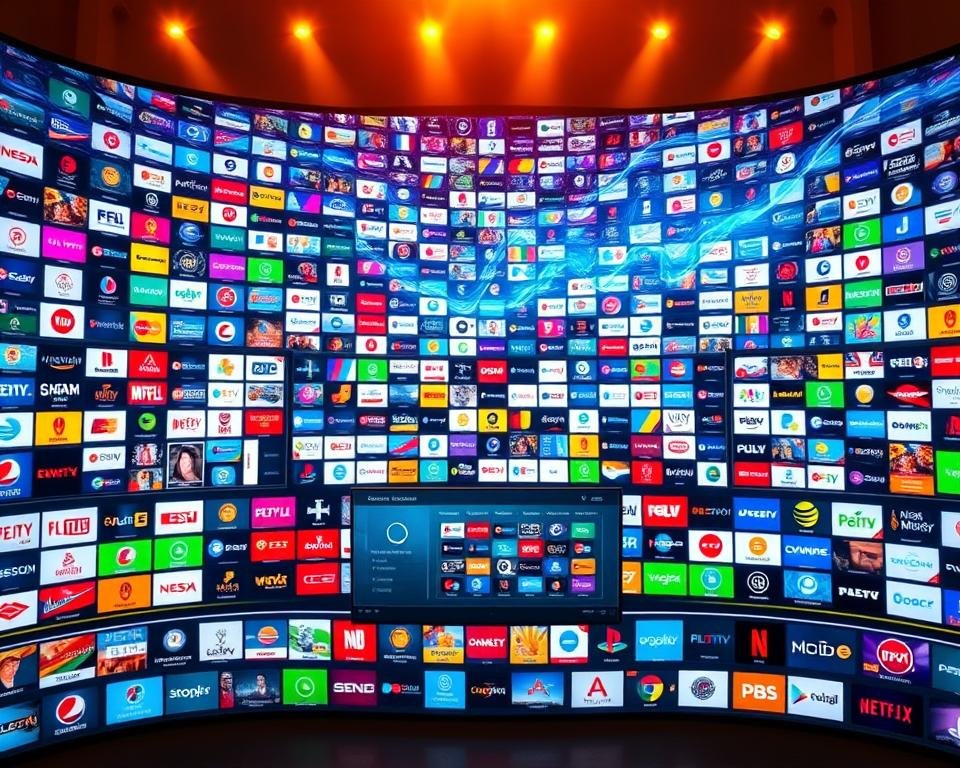 A vibrant, expansive television landscape with thousands of channels displayed on a sleek, modern IPTV interface. The foreground showcases a grid of channel logos and icons, each meticulously detailed and representative of a diverse array of content. The middle ground features a seamless, responsive UI with intuitive navigation controls, highlighting the flexibility and user-friendly experience. In the background, a vast, dynamic visualization of the extensive channel offering, with pulsating lines and shapes conveying the sheer breadth and depth of the available programming. Warm, ambient lighting creates a sense of sophistication and technological prowess, while the overall composition exudes a harmonious balance between visual appeal and functional clarity. A vibrant, expansive television landscape with thousands of channels displayed on a sleek, modern IPTV interface. The foreground showcases a grid of channel logos and icons, each meticulously detailed and representative of a diverse array of content. The middle ground features a seamless, responsive UI with intuitive navigation controls, highlighting the flexibility and user-friendly experience. In the background, a vast, dynamic visualization of the extensive channel offering, with pulsating lines and shapes conveying the sheer breadth and depth of the available programming. Warm, ambient lighting creates a sense of sophistication and technological prowess, while the overall composition exudes a harmonious balance between visual appeal and functional clarity.