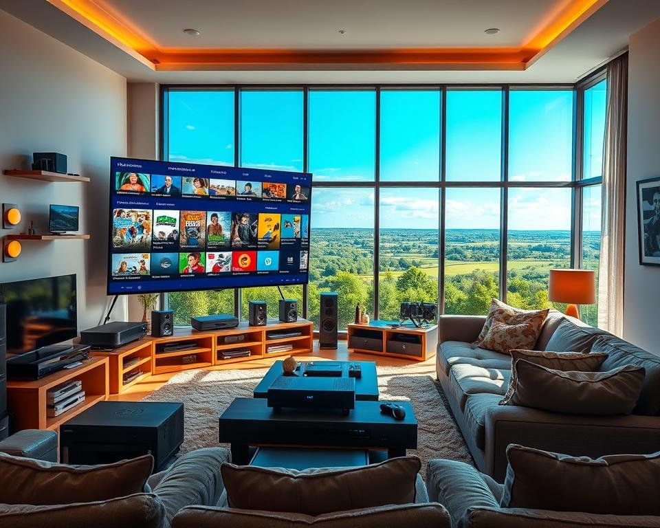 A vibrant, high-definition living room scene depicting an extensive television entertainment system. In the foreground, a sleek, modern flatscreen TV dominates the frame, its screen showcasing a diverse array of content channels. Surrounding the TV are various media devices like streaming boxes, gaming consoles, and audio equipment, all neatly arranged to create a visually appealing home theater setup. The middle ground features comfortable seating, plush sofas, and accent lighting that sets a warm, cozy atmosphere. In the background, large windows allow natural light to pour in, revealing a scenic outdoor vista of lush greenery and a clear blue sky. The overall composition evokes a sense of technological sophistication, entertainment, and domestic comfort. A vibrant, high-definition living room scene depicting an extensive television entertainment system. In the foreground, a sleek, modern flatscreen TV dominates the frame, its screen showcasing a diverse array of content channels. Surrounding the TV are various media devices like streaming boxes, gaming consoles, and audio equipment, all neatly arranged to create a visually appealing home theater setup. The middle ground features comfortable seating, plush sofas, and accent lighting that sets a warm, cozy atmosphere. In the background, large windows allow natural light to pour in, revealing a scenic outdoor vista of lush greenery and a clear blue sky. The overall composition evokes a sense of technological sophistication, entertainment, and domestic comfort.