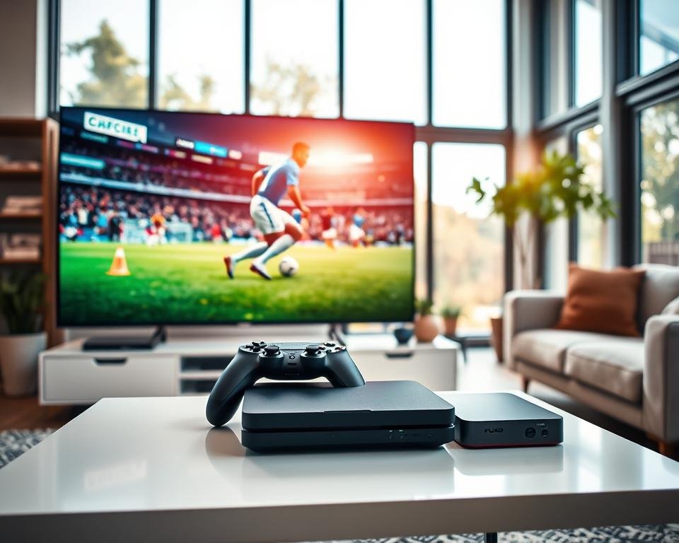 A vibrant, high-quality image showcasing the sport streaming capabilities of Fubo IPTV. In the foreground, a large smart TV displays a live soccer match, with players in dynamic motion and the scoreboard clearly visible. The middle ground features a gaming console, remote control, and a sleek Fubo IPTV set-top box, all on a modern, minimalist table. The background depicts a cozy, well-lit living room with large windows, allowing natural light to flood the scene. The overall atmosphere conveys a sense of immersive, seamless sports streaming experience, emphasizing Fubo's focus on delivering high-definition, low-latency video to sports enthusiasts. A vibrant, high-quality image showcasing the sport streaming capabilities of Fubo IPTV. In the foreground, a large smart TV displays a live soccer match, with players in dynamic motion and the scoreboard clearly visible. The middle ground features a gaming console, remote control, and a sleek Fubo IPTV set-top box, all on a modern, minimalist table. The background depicts a cozy, well-lit living room with large windows, allowing natural light to flood the scene. The overall atmosphere conveys a sense of immersive, seamless sports streaming experience, emphasizing Fubo's focus on delivering high-definition, low-latency video to sports enthusiasts.