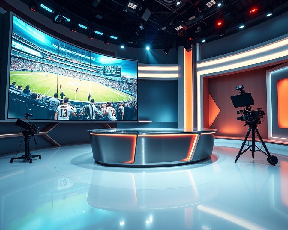A vibrant, high-quality sports channel broadcast set with a dynamic, cinematic lighting setup. In the foreground, a large, curved LED video wall displays a live sports event with realistic, detailed graphics and motion. The midground features a sleek, modern anchor desk with brushed metal accents and subtle branding, surrounded by strategic camera placement for an immersive, professional presentation. The background showcases a futuristic, sophisticated studio environment with minimalist geometric shapes, neutral tones, and subtle depth of field for a polished, visually striking aesthetic. An atmosphere of technological innovation, athletic excitement, and broadcast excellence permeates the scene. A vibrant, high-quality sports channel broadcast set with a dynamic, cinematic lighting setup. In the foreground, a large, curved LED video wall displays a live sports event with realistic, detailed graphics and motion. The midground features a sleek, modern anchor desk with brushed metal accents and subtle branding, surrounded by strategic camera placement for an immersive, professional presentation. The background showcases a futuristic, sophisticated studio environment with minimalist geometric shapes, neutral tones, and subtle depth of field for a polished, visually striking aesthetic. An atmosphere of technological innovation, athletic excitement, and broadcast excellence permeates the scene.