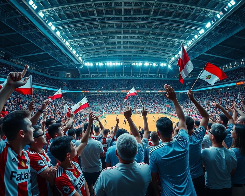 A vibrant live sports event captured in a cinematic wide-angle view. In the foreground, passionate fans in team jerseys cheer and wave flags, their expressions filled with excitement. The middle ground showcases the athletes in intense competition, their movements frozen in time. The background features the grand stadium architecture, its modern design and dramatic lighting creating an atmosphere of grandeur. Cool tones and high contrast lend an air of dynamism and energy to the scene, perfectly capturing the thrill of a must-see IPTV sports broadcast.