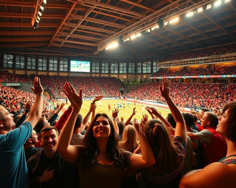A vibrant live sports streaming event, captured with a wide-angle lens in a well-lit stadium. In the foreground, a group of fans cheers passionately, their faces alive with excitement. The middle ground features the athletes in action, their movements frozen in time, the intensity of the moment palpable. The background showcases the grandstand, filled with spectators engrossed in the unfolding spectacle. Warm, golden lighting illuminates the scene, creating a sense of energy and dynamism. The overall atmosphere conveys the thrill and camaraderie of a captivating live sports streaming experience. A vibrant live sports streaming event, captured with a wide-angle lens in a well-lit stadium. In the foreground, a group of fans cheers passionately, their faces alive with excitement. The middle ground features the athletes in action, their movements frozen in time, the intensity of the moment palpable. The background showcases the grandstand, filled with spectators engrossed in the unfolding spectacle. Warm, golden lighting illuminates the scene, creating a sense of energy and dynamism. The overall atmosphere conveys the thrill and camaraderie of a captivating live sports streaming experience.