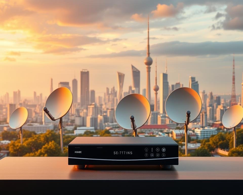 A vibrant panoramic view showcasing the landscape of high-quality internet TV providers. In the foreground, a sleek and modern-looking set-top box sits prominently, its interface displaying a diverse range of streaming content. The middle ground features a cluster of neatly arranged satellite dishes, each angled to capture the strongest signals. In the background, a cityscape of towering skyscrapers and communication towers creates a sense of urban connectivity. The scene is bathed in a warm, golden glow, conveying a feeling of reliability and technological sophistication. The overall atmosphere evokes a sense of the seamless integration of cutting-edge entertainment and communication technologies. A vibrant panoramic view showcasing the landscape of high-quality internet TV providers. In the foreground, a sleek and modern-looking set-top box sits prominently, its interface displaying a diverse range of streaming content. The middle ground features a cluster of neatly arranged satellite dishes, each angled to capture the strongest signals. In the background, a cityscape of towering skyscrapers and communication towers creates a sense of urban connectivity. The scene is bathed in a warm, golden glow, conveying a feeling of reliability and technological sophistication. The overall atmosphere evokes a sense of the seamless integration of cutting-edge entertainment and communication technologies.
