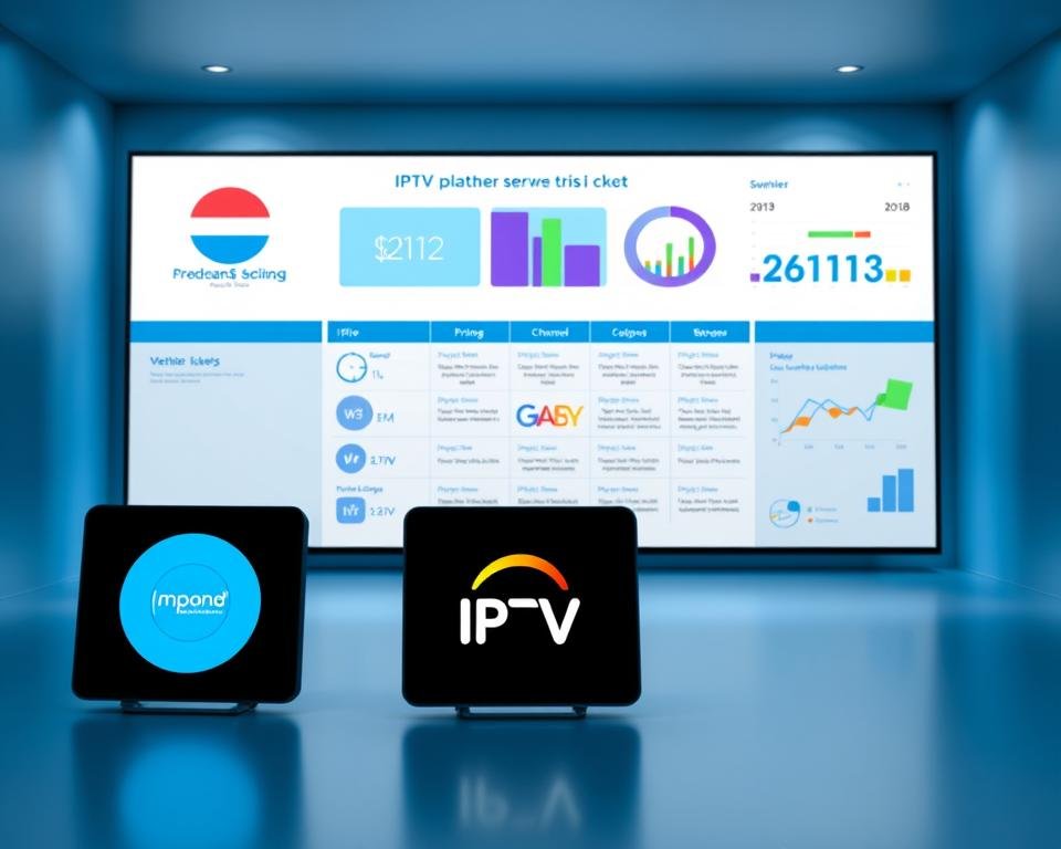 A visually striking comparison of top IPTV service providers for Dutch users. In the foreground, three distinct IPTV platform icons or logos positioned side-by-side, each showcasing their unique features and offerings. The middle ground depicts a series of comparison charts, graphs, and data visualizations highlighting key metrics such as pricing, channel selection, and customer satisfaction. The background is a sleek, minimalist setting with geometric shapes and a cool color palette, creating a sense of professionalism and tech-savvy. Careful attention to lighting and camera angles to ensure a cohesive, high-quality visual composition that effectively conveys the comparative analysis of the leading IPTV providers in the Netherlands.