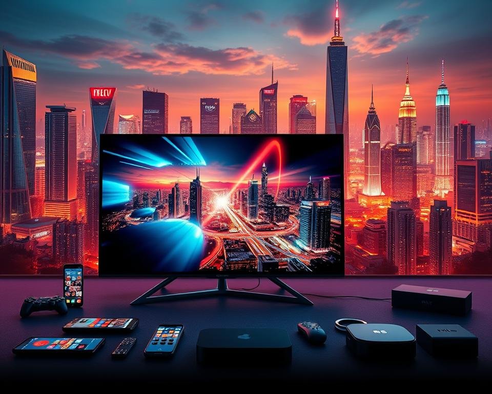 A visually striking landscape depicting the concept of "streaming kwaliteit" or high-quality streaming. The foreground features a sleek, modern television set with a vibrant, crystal-clear display showcasing a dynamic video stream. The middle ground includes various digital devices such as smartphones, tablets, and streaming boxes, all seamlessly connected and sharing content. The background presents a futuristic cityscape with towering skyscrapers, neon lights, and a sense of technological advancement. The overall scene conveys a strong sense of connectivity, high-definition visuals, and the convenience of modern streaming services. The lighting is a balance of warm and cool tones, creating a visually compelling and immersive atmosphere.