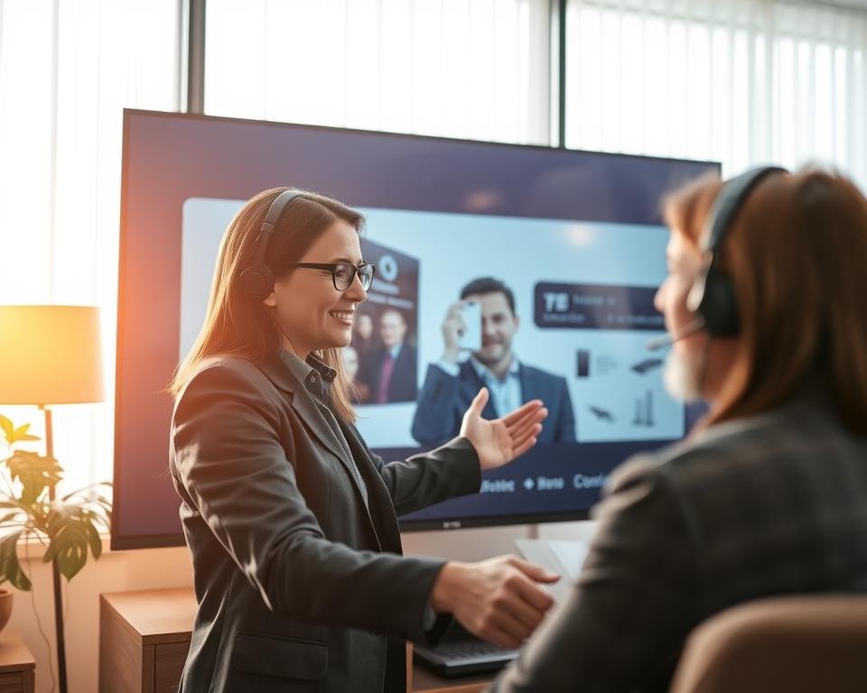 A warmly lit office setting, with a customer service representative assisting a client on a large flat-screen television. The representative is dressed professionally, offering a friendly, helpful demeanor. In the background, a sleek, modern IPTV setup is visible, conveying the technical expertise and capabilities of the service. The lighting is soft and inviting, creating a welcoming atmosphere for the customer interaction. The composition is balanced, with the subjects positioned in the foreground and the technology subtly supporting the scene. Overall, the image reflects the reliable and responsive customer support experienced by IPTV users in the Netherlands.
