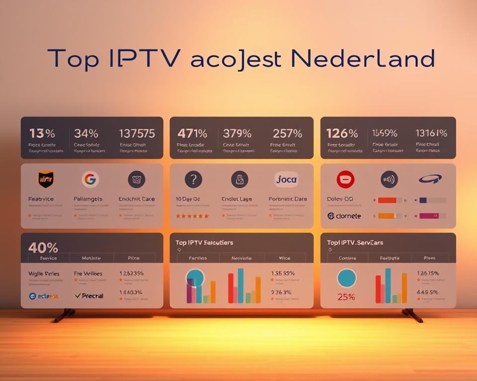A well-designed infographic showcasing the top IPTV providers in the Netherlands. The foreground features a clean, minimalist layout with neatly organized tiles displaying the provider logos, service details, and ratings. The middle ground includes subtle data visualizations and comparison charts to highlight key metrics like price, channel selection, and customer satisfaction. The background has a soft, muted gradient in the national colors, evoking a sense of professionalism and authority. Warm, directional lighting casts a subtle glow, creating depth and emphasizing the structured, balanced composition. The overall tone is informative, trustworthy, and visually appealing, perfectly suited to illustrate the "Top IPTV aanbieders Nederland: Overzicht" section.