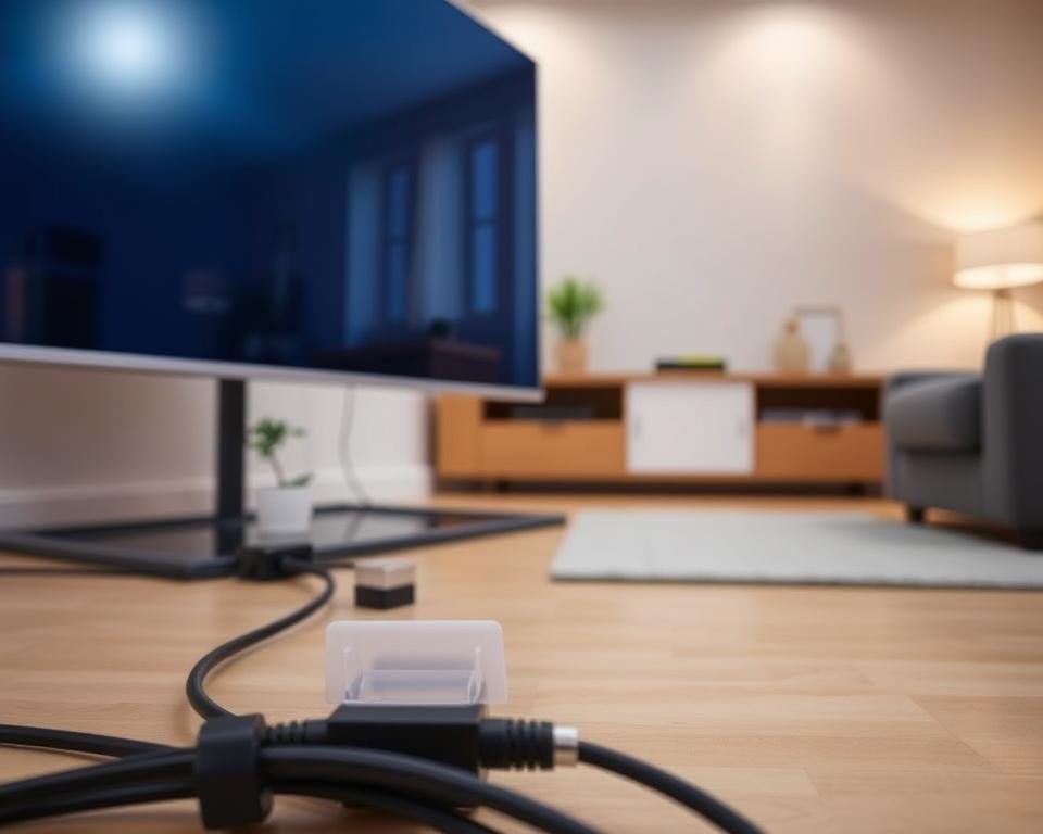 A well-lit, close-up view of a simple home TV installation setup. In the foreground, a sleek modern television set is prominently displayed, its screen turned on and showing a vibrant, high-definition image. The middle ground features various cables and connectors, neatly organized and connected to the TV, conveying the ease of the setup process. In the background, a minimalist living room setting with neutral-toned walls and subtle decor elements creates a clean, uncluttered atmosphere. The overall mood is one of simplicity, efficiency, and a seamless technological integration into the domestic environment. A well-lit, close-up view of a simple home TV installation setup. In the foreground, a sleek modern television set is prominently displayed, its screen turned on and showing a vibrant, high-definition image. The middle ground features various cables and connectors, neatly organized and connected to the TV, conveying the ease of the setup process. In the background, a minimalist living room setting with neutral-toned walls and subtle decor elements creates a clean, uncluttered atmosphere. The overall mood is one of simplicity, efficiency, and a seamless technological integration into the domestic environment.
