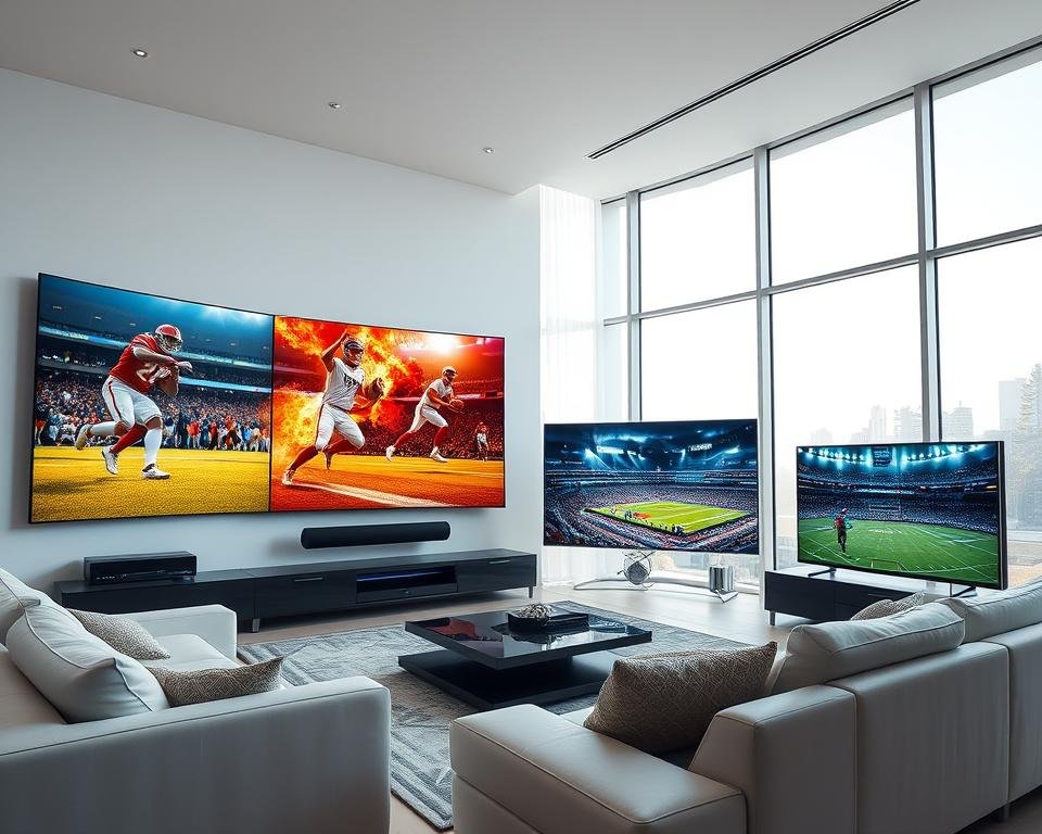 A well-lit, contemporary living room interior with multiple large, high-resolution displays arranged in an immersive, multi-screen setup. The displays showcase dynamic sports content, with vibrant colors and sharp imagery. The room has minimalist, sleek furnishings and large windows allowing natural light to flood the space, creating a bright and airy atmosphere. The layout of the displays encourages an engaging, cinematic viewing experience, suitable for sports enthusiasts. Subtle, ambient lighting complements the setup, establishing a modern, technology-forward ambiance. A well-lit, contemporary living room interior with multiple large, high-resolution displays arranged in an immersive, multi-screen setup. The displays showcase dynamic sports content, with vibrant colors and sharp imagery. The room has minimalist, sleek furnishings and large windows allowing natural light to flood the space, creating a bright and airy atmosphere. The layout of the displays encourages an engaging, cinematic viewing experience, suitable for sports enthusiasts. Subtle, ambient lighting complements the setup, establishing a modern, technology-forward ambiance.