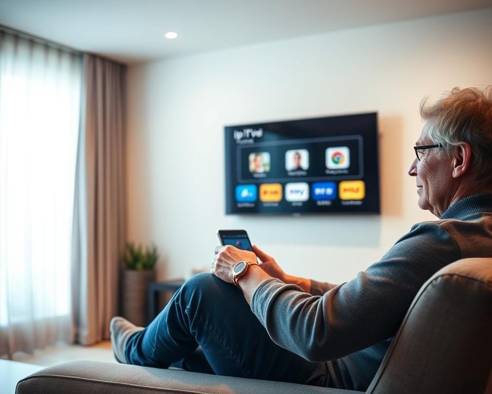 A well-lit, contemporary living room with a large flat-screen TV mounted on the wall. In the foreground, a person sitting on a comfortable couch, intently focused on navigating an intuitive IPTV app interface displayed on the TV screen. The app icons are clean and clearly arranged, inviting easy interaction. The room's lighting is soft and warm, creating a relaxed atmosphere. The person's expression conveys a sense of ease and satisfaction with the installation and usage of the IPTV system. The overall scene suggests a seamless, user-friendly experience of setting up and enjoying IPTV services in a modern, home entertainment setting.
