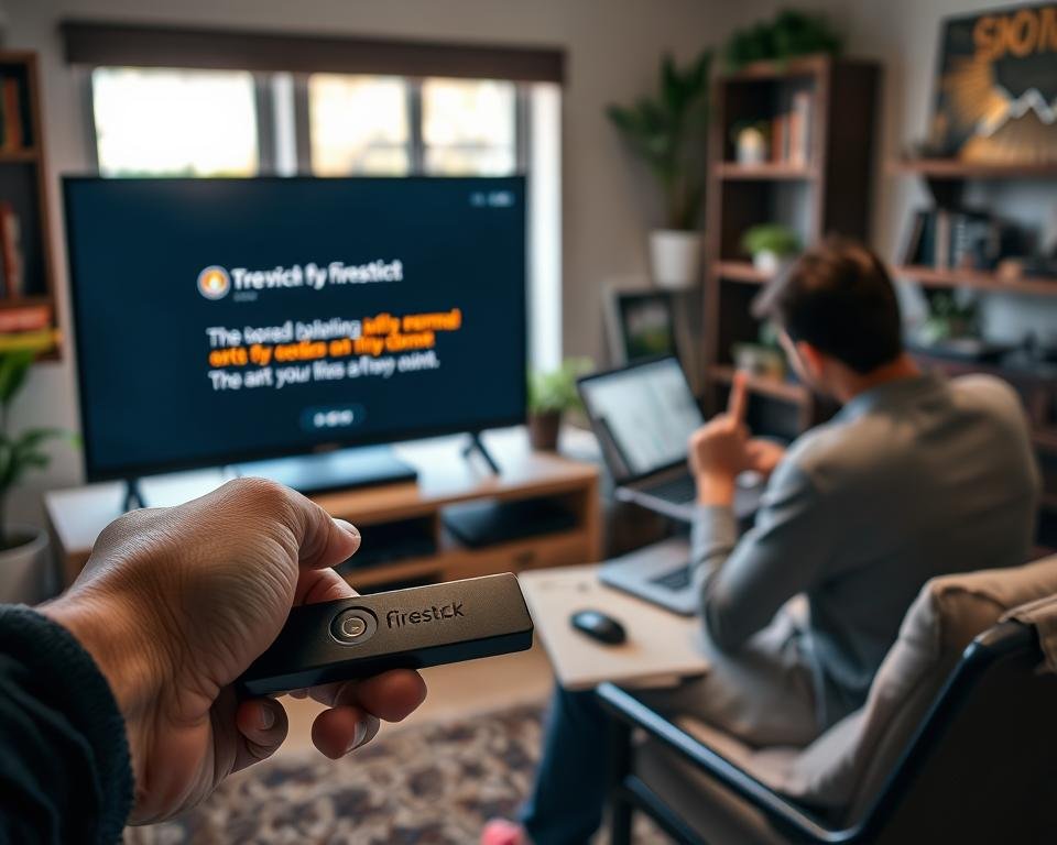 A well-lit, detailed scene depicting a person troubleshooting streaming issues on a Firestick. In the foreground, a hand gesturing towards a Firestick device connected to a TV screen displaying an error message. In the middle ground, the person is sitting at a desk, intensely focused on a laptop, searching for solutions. The background features a cozy home office setting with bookshelves, plants, and natural lighting filtering through the window. The overall mood is one of problem-solving, with a sense of determination and a desire to find a resolution to the streaming troubles. A well-lit, detailed scene depicting a person troubleshooting streaming issues on a Firestick. In the foreground, a hand gesturing towards a Firestick device connected to a TV screen displaying an error message. In the middle ground, the person is sitting at a desk, intensely focused on a laptop, searching for solutions. The background features a cozy home office setting with bookshelves, plants, and natural lighting filtering through the window. The overall mood is one of problem-solving, with a sense of determination and a desire to find a resolution to the streaming troubles.