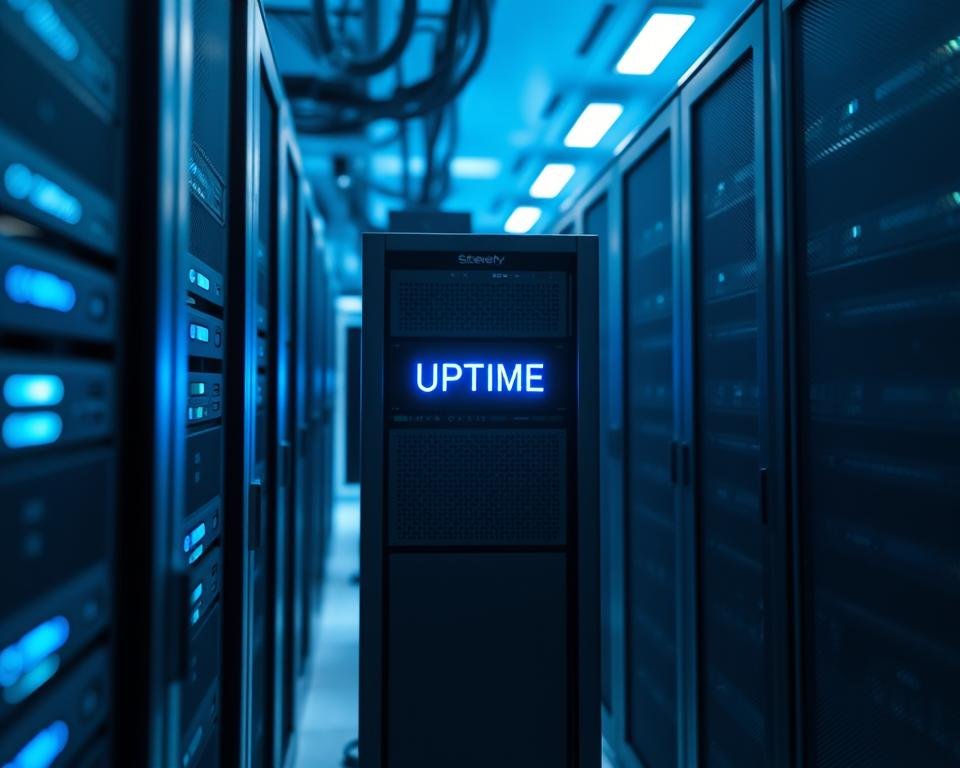 A well-lit, high-angle shot of a server rack in a modern data center. The servers are sleek and minimalist, with cool blue LED indicator lights softly illuminating the space. The focus is on the center server, which has a prominent "UPTIME" display showing a consistent, stable connection. The background is slightly blurred, emphasizing the server's reliable performance. The overall atmosphere is one of technological sophistication and dependability, conveying the idea of a secure, high-quality streaming experience. A well-lit, high-angle shot of a server rack in a modern data center. The servers are sleek and minimalist, with cool blue LED indicator lights softly illuminating the space. The focus is on the center server, which has a prominent "UPTIME" display showing a consistent, stable connection. The background is slightly blurred, emphasizing the server's reliable performance. The overall atmosphere is one of technological sophistication and dependability, conveying the idea of a secure, high-quality streaming experience.