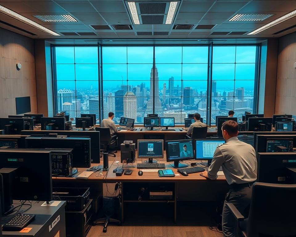 A well-lit, high-definition interior scene depicting a secure, modern television service provider's operation center. In the foreground, rows of professional-grade television monitors and computer terminals, with technicians in uniform diligently monitoring the systems. The middle ground showcases a central control desk with advanced security measures, including biometric scanners and encrypted data displays. The background features a large, floor-to-ceiling window providing a panoramic view of a bustling cityscape, emphasizing the scale and importance of the legal television services being provided. The overall atmosphere conveys a sense of reliability, technological sophistication, and unwavering commitment to user safety and data protection.