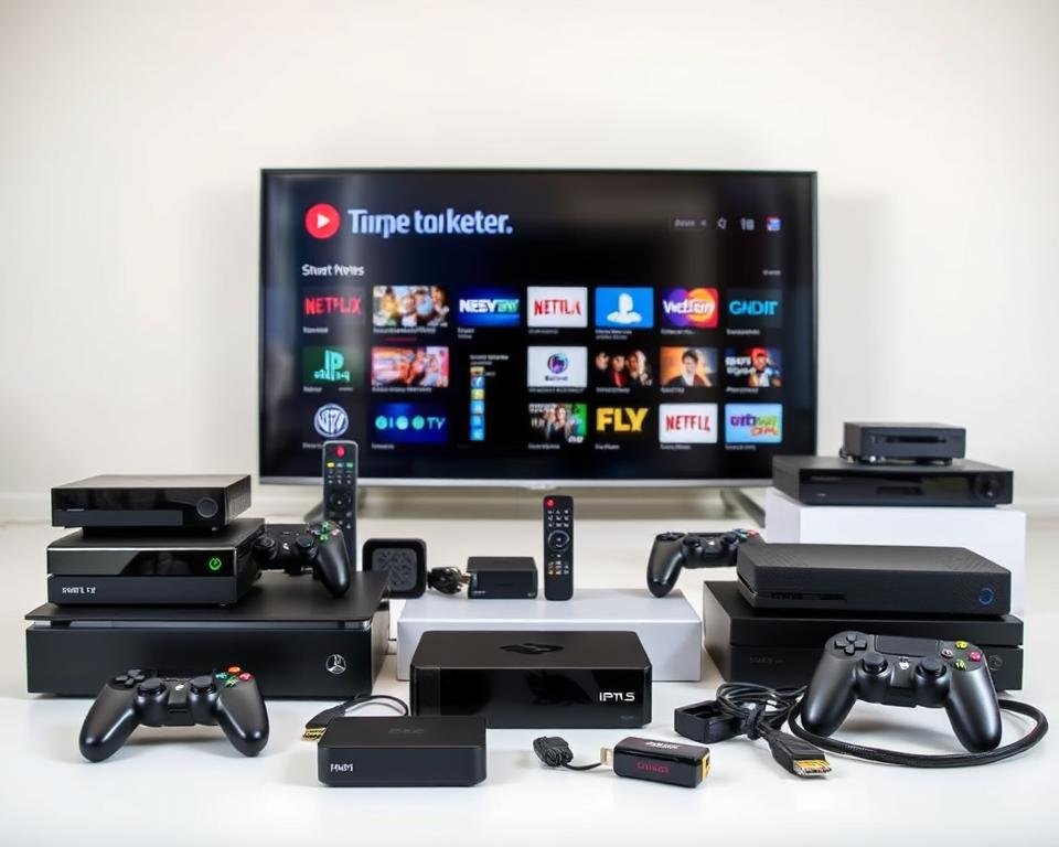 A well-lit, high-quality image of a variety of compatible streaming devices, neatly arranged against a clean, neutral background. The foreground features a selection of contemporary smart TVs, streaming boxes, dongles, and gaming consoles, showcasing their sleek, modern designs. In the middle ground, peripheral devices like wireless controllers, remote controls, and HDMI cables are strategically placed to illustrate the full setup. The background subtly hints at a living room or entertainment center setting, providing context without distracting from the main subjects. The overall composition and lighting convey a sense of organization, functionality, and technological sophistication, reflecting the article's focus on quality and reliability in IPTV equipment.