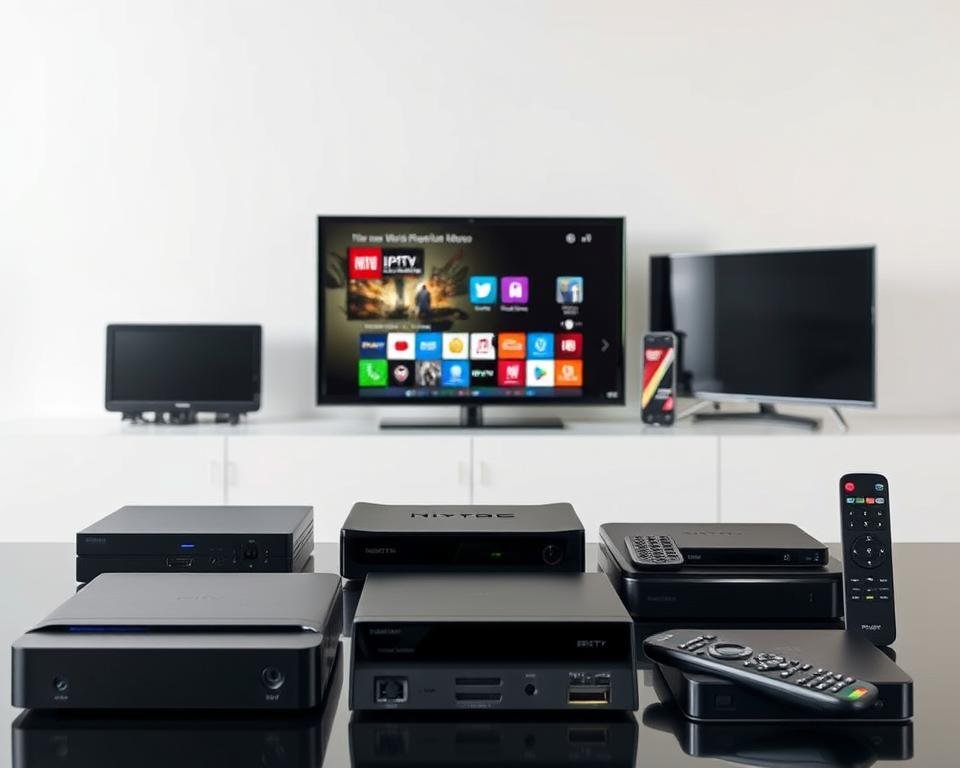 A well-lit, high-quality photograph showcasing a diverse array of IPTV-compatible devices, including smart TVs, set-top boxes, and mobile devices. The devices are displayed prominently in the foreground, with a clean, minimalist background that highlights their modern, sleek designs. The lighting is soft and even, casting gentle shadows to accentuate the textures and details of the devices. The camera angle is slightly elevated, providing a comprehensive view of the devices and their various connection ports, remote controls, and user interfaces. The overall mood is one of technological sophistication and user-friendliness, reflecting the versatility and accessibility of IPTV for modern media consumption.