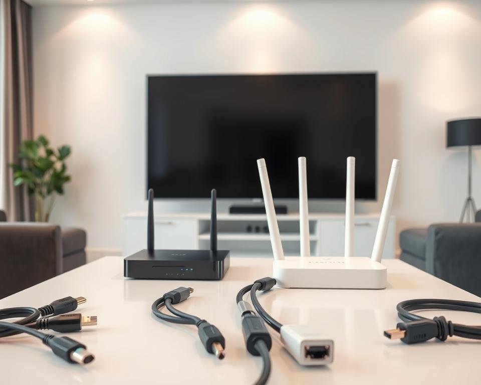 A well-lit, high-resolution image depicting the essential items required for IPTV setup. In the foreground, a modern smart TV, media streaming device, and wireless router are neatly arranged on a minimalist table, showcasing their sleek and interconnected design. In the middle ground, various cables, including HDMI, Ethernet, and power cords, are meticulously organized, hinting at the seamless connectivity needed for a reliable IPTV experience. The background features a clean, modern living room setting, with subtle lighting and neutral tones that complement the overall aesthetic. The image conveys a sense of technological sophistication and user-friendliness, perfectly aligned with the topic of "Benodigdheden voor IPTV".