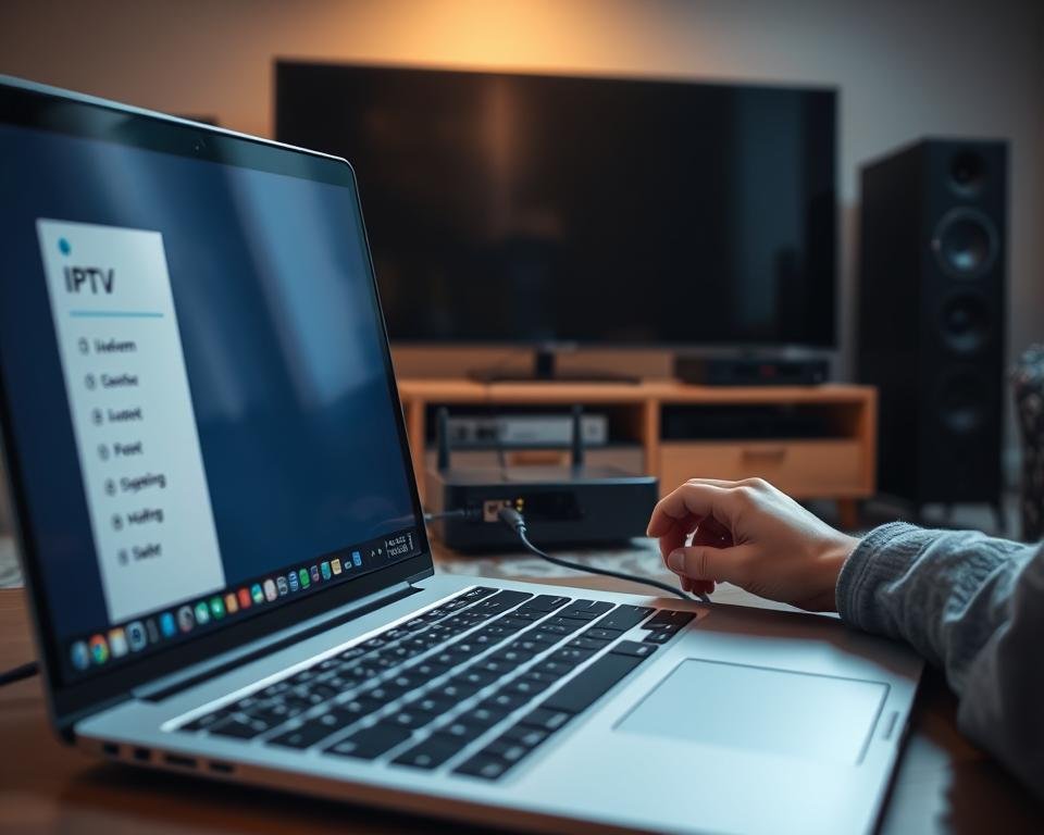 A well-lit, high-resolution image of the step-by-step IPTV installation process. In the foreground, an open laptop displays the IPTV setup interface with clear, intuitive menus. In the middle ground, a person's hands deftly connect cables between a modem, router, and streaming device. The background showcases a modern, minimalist home entertainment setup with sleek audio equipment and neatly organized cable management. The overall scene conveys a sense of effortless, streamlined IPTV installation, reflecting the subject's focus on providing a smooth, user-friendly experience.