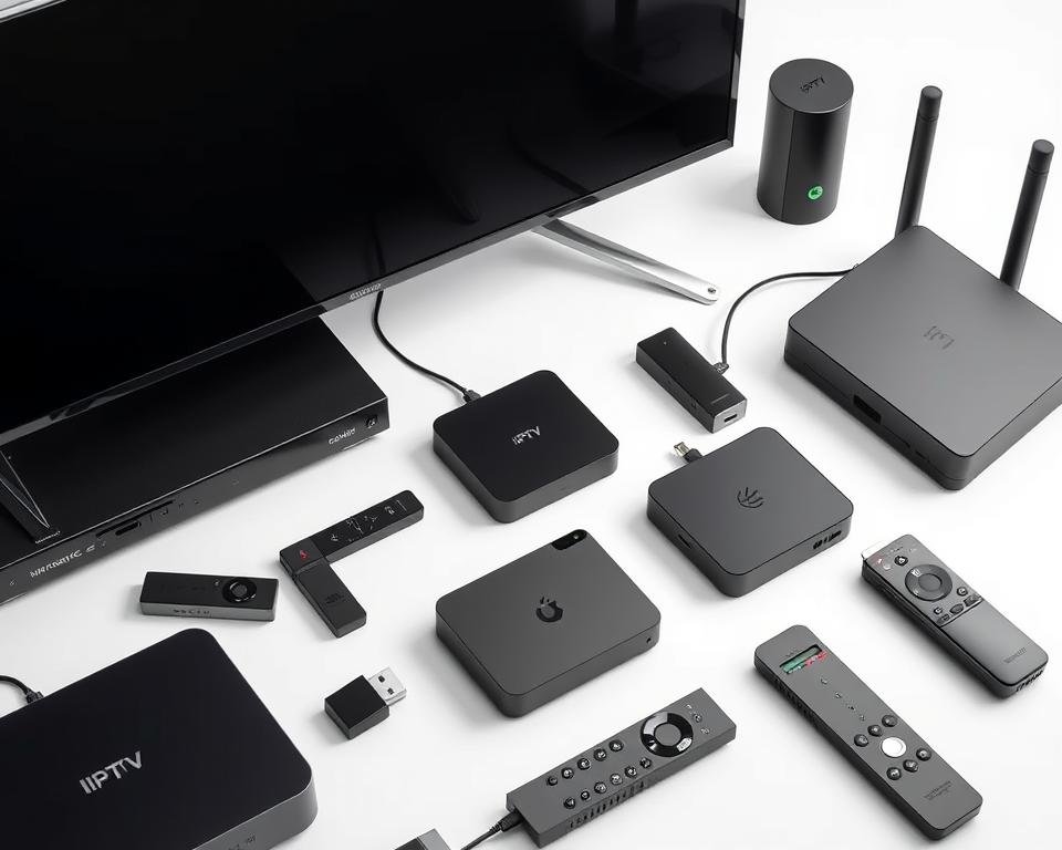 A well-lit, high-resolution image of various compatible IPTV devices, including smart TVs, set-top boxes, and streaming sticks, arranged in a clean, organized manner on a minimalist white background. The devices should be depicted in a way that showcases their key features and highlights their suitability for IPTV use, with a focus on design, connectivity, and user-friendliness. The image should convey a sense of simplicity, modernity, and technical expertise, suitable for illustrating a section on compatible IPTV devices in an article about IPTV in the Netherlands.