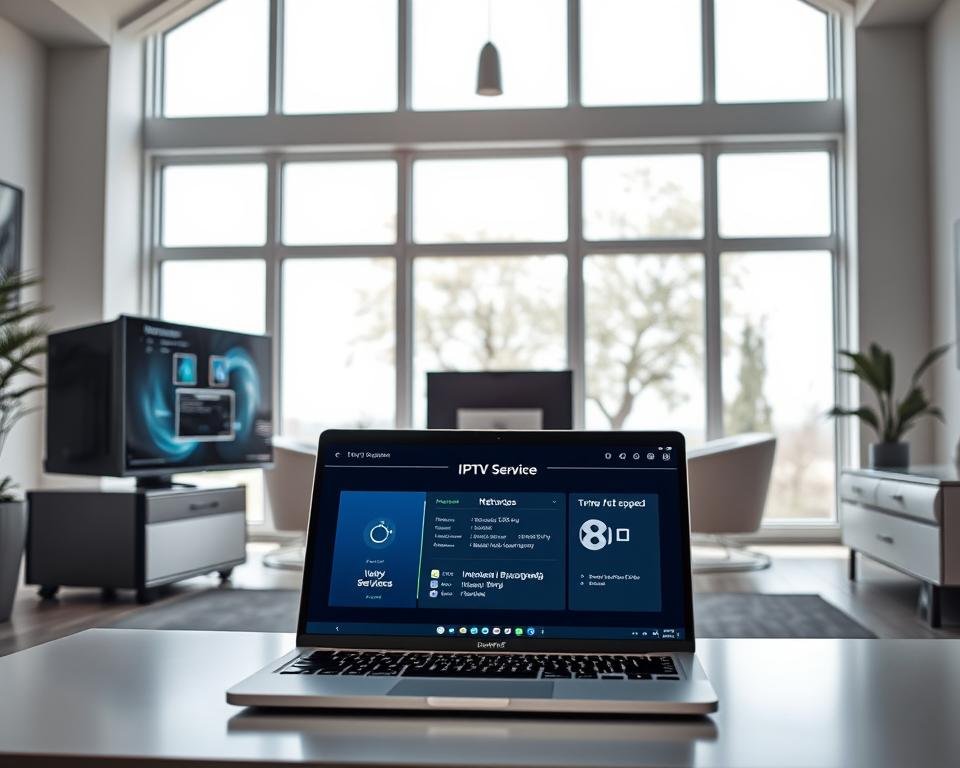 A well-lit, high-tech home office with sleek, minimalist furniture. In the foreground, a modern desktop computer with a large, high-resolution monitor displaying technical specifications and network diagrams. In the middle ground, an open laptop showcasing an IPTV service interface, highlighting the necessary internet speed and bandwidth requirements. The background features floor-to-ceiling windows, allowing natural light to flood the space and create a bright, airy atmosphere. The overall scene conveys a sense of technological sophistication and the importance of considering the technical aspects of an IPTV setup.